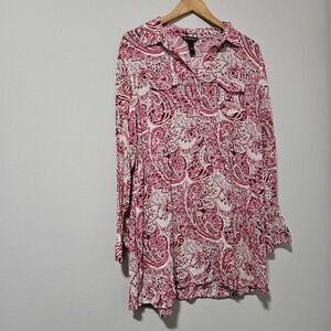 Bit & Bridle Womens Pink Paisley Rayon Long Sleeve Button Down Tunic‎ Top Large